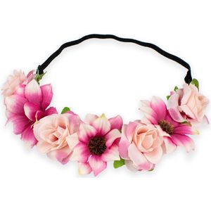 Bloemen haarband met 7 bloemen - Festival - Bruiloft - Voor Volwassenen - Strand Ibiza Haar Band - Roze