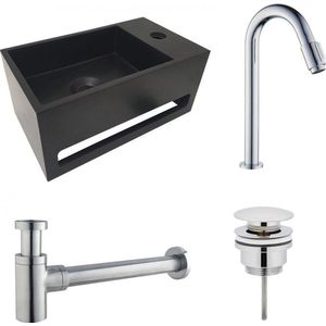 Diamond Line S.S - Fonteinset Rechts met Handdoekhouder - Mat Zwart - Solid Surface - Rechthoek - 35.6x20.3x15.9cm - Incl. Toiletkraan Clickwaste Sifon - Chroom