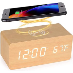 StayPowered Bamboe Wekker - Jouw Slimme en Stijlvolle Oplossing voor een Vlotte Ochtendroutine - Telefoon Draadloos Opladen - Duidelijk Display - Temperatuursensor - Instelbare Helderheid - Eenvoudige Bediening - Levering Sneller dan Aangegeven!