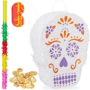 Relaxdays 291-delige pinata set - doodshoofd pinata - stok en blinddoek - 288 munten