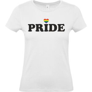 Dames T-shirt Pride met hartje | Regenboog vlag | Gay pride kleding | Pride shirt | Wit | maat XL