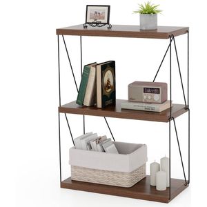 COSTWAY Staande kast, vrijstaand, boekenkast met metalen frame, industrieel opbergrek, walnoot opbergrek voor slaapkamer, woonkamer, thuiskantoor