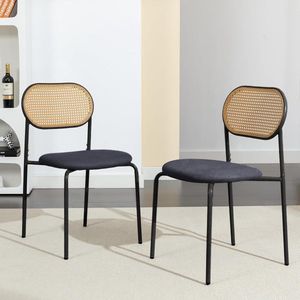 Eetkamerstoel, set van 2 met rotan rugleuning, moderne keukenstoelen, eetkamerstoel met vier metalen steunpoten, van kunstleer, gestoffeerde stoelen, voor eetkamer (zwart + beige)
