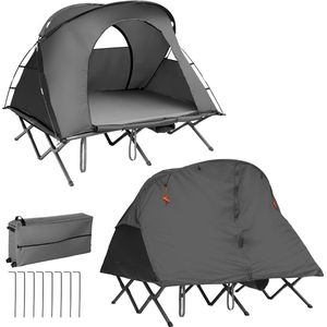 COSTWAY 2-Persoons Kampeerbedje tent, 4-in-1 opvouwbaar tentbed met waterdichte buitenhoes, zelfopblazende matras en draagtas, draagbare verhoogde tent met opbergzak voor schoenen en lamphaak voor buitengebruik