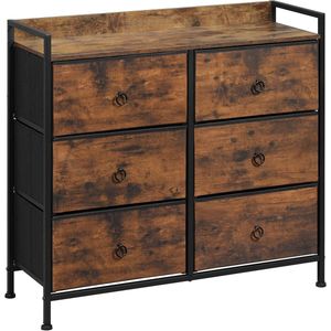 FURNIBELLA - Commode met 6 Stoffen Laden – Industriële Opbergkast in Vintage Bruin en Zwart met Metalen Frame