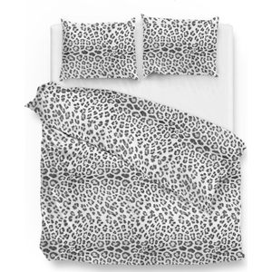 Warme flanel dekbedovertrek Leopard grijs/wit - lits-jumeaux (240x200/220) -  hoogwaardig en zacht - ideaal tegen de kou