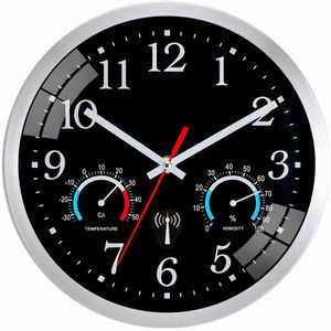 Ziprote radiogestuurde wandklok, radiogestuurde wandklok met temperatuur- en vochtigheidsweergave, moderne keukenklok, gemakkelijk af te lezen, niet-tikkende wandklok voor slaapkamer, kantoor, badkamer (zwart)