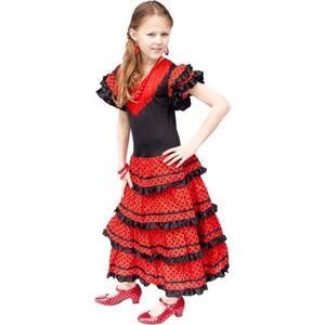 Spaanse Flamenco jurk - Zwart/Rood - Maat 116/122 (8) - Verkleed jurk kind verkleedkleding meisje