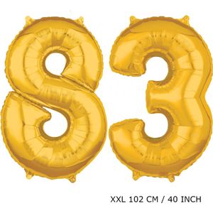 Mega grote XXL gouden folie ballon cijfer 83 jaar. Leeftijd verjaardag 83 jaar. 102 cm 40 inch. Met rietje om ballonnen mee op te blazen.