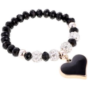 Elastische armband – zwart glas – hart bedel – met zirkonia stenen en klei – 20 cm