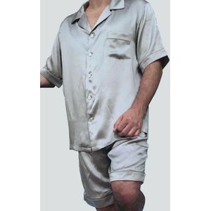 Heren zijden pyjama set (korte mouwen, korte broek), Parelmoer grijs, S