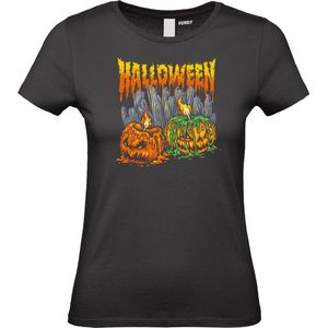 Dames T-shirt Halloween Pompoen met kaarsjes | Halloween kostuum kind dames heren | verkleedkleren meisje jongen | Zwart | maat XL