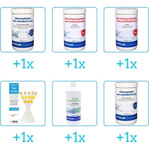 Zwembad Onderhoudsset - Startersset bevat Chloor - PH-min - PH-plus en Testrips - Anti Alg - Chloor - Interline Onderhoud Starterspakket - Chloortabletten - Geschikt voor zwembaden met meer dan 25.000 liter (6-delig)