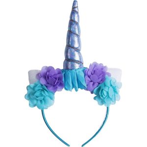 Eenhoorn haarband blauw unicorn diadeem met oortjes en bloemetjes - blauwe hoorn - bloemen paars blauw festival