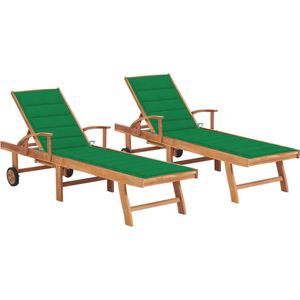 vidaXL - Zonnebedden - Groen - Massief Teakhout - Set van 2