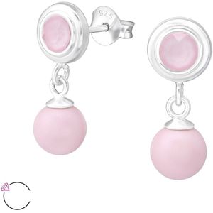 Joy|S - Zilveren Swarovski parel oorbellen roze -  7 x 18 mm - oorhangers/ oorstekers