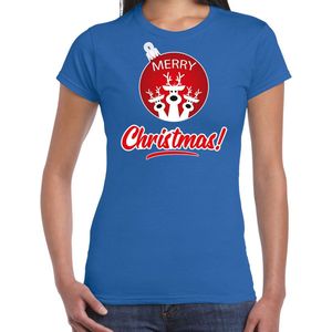 Rendier Kerstbal shirt / Kerst t-shirt Merry Christmas blauw voor dames - Kerstkleding / Christmas outfit XXL