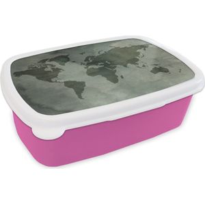 Broodtrommel Roze - Lunchbox - Brooddoos - Wereldkaart - Waterverf - Grijs - 18x12x6 cm - Kinderen - Meisje
