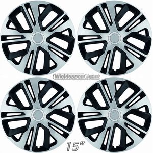 Wieldoppen set RAVE-SB 15 inch in zilver/zwart + chroom ring. Set a 4 stuks (CONTROLEER UW BANDENMAAT en lees a.u.b. de onderstaande, uitgebreide tekst!)