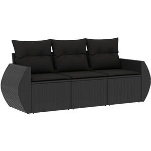 The Living Store 3-delige Loungeset met kussens poly rattan zwart - Tuinmeubles - Lounge Set - PE-rattan - Zwarte Tuinstoelen - Buitendrankje
