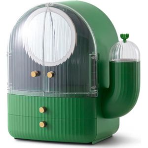 Draagbare make-uporganizer; opbergbox voor cosmetica; met stofdicht deksel; organizer met 2 laden, groen (zonder licht)