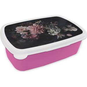 Broodtrommel Roze - Lunchbox - Brooddoos - Bloemen - Vintage - Pastel - Zwart - Boeket - 18x12x6 cm - Kinderen - Meisje