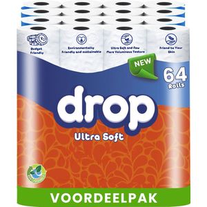 DROP - Ultra Soft - 2x32 rollen toiletpapier - 64 rollen - Ultiem comfort WC Papier, Superieure sterkte, Maximale absorptie & Pluisvrij - Voordeelverpakking WC Papier