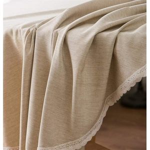 Round Tablecloth with Lace Edge Cotton Linen Table Linen Decorative Dustproof Tablecloth Washable Beige Khaki 160 cm Diameter