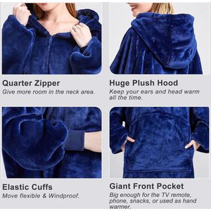 Deken met mouwen en capuchon hoodie deken dames heren XXL knuffeldeken met mouwen lange dekentrui om aan te trekken volwassenen draagbare deken donkerblauw draagbare deken met zak ritssluiting