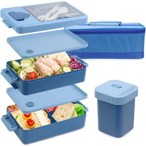 Bento Lunchbox 2000ML, Bento Box met 2-laags 4-vakken en bestek, voedselcontainer, lunchbox voor volwassenen, sandwichbox met lunchtas en yoghurtdoos (blauw)