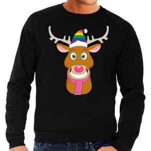 Foute kersttrui / sweater Gay Ruldolf met regenboog muts en roze sjaal zwart voor heren - Kersttruien L