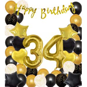 Snoes Ballonnen 34 Jaar Black Gold Dots Mega Ballon - Compleet Feestpakket Goud Zwart Stippen Cijferballon 34 - Verjaardag Versiering DIY Slinger Happy Birthday – Folieballon – Latex Ballonnen - Helium Ballonnen