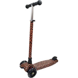 vanPauline Step Leopard / Kinderstep 3 Wielen / LED - Jongens en Meisje vanaf 3 Jaar - in Hoogte Verstelbaar - met Voetrem - Caramel luipaard vlekken / roest / bruin