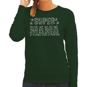 Glitter Super Mama sweater groen met steentjes/ rhinestones voor dames - Moederdag cadeaus - Glitter kleding/ foute party outfit M