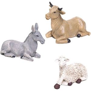Kerststal dieren beeldjes - os, ezel, schaap en schaap - 9 x 6 x 5 cm - kerststalbeeldjes - dierenbeeldjes