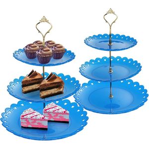 3-laags Cupcake Stand Dessertbakje, Fruitkoekjes Snoep Display Stand, Gelaagde Dienblad voor Kerst Bruiloften Verjaardagen Babyfeest (Plastic, Blauw)