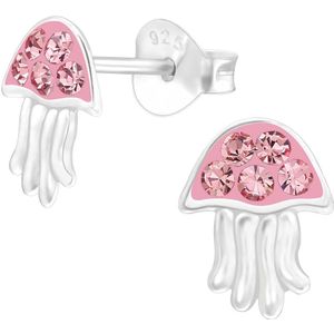 Joy|S - Zilveren kwal oorbellen - jellyfish - 7 x 9 mm - zilver roze met roze kristal
