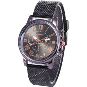Fako® - Horloge - Geneva - Roman - Mesh Look - Ø 40mm - Zwart