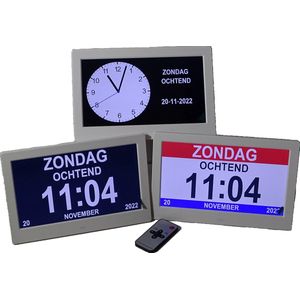 Dementieklok - Kalenderklok - seniorenklok -Digitaal/Analoog - 8 inch formaat- met dag, datum en tijdaanduiding - keuze uit 3 scherm mogelijkheden in 1 klok- Wit