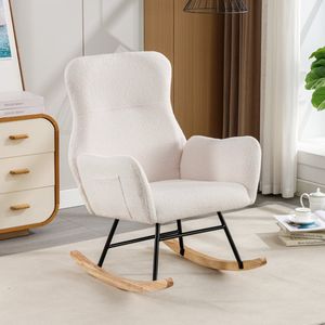Sweiko Witte teddy pluche schommelstoel, armleuningen met zakken, massief houten poten, stabiel en comfortabel