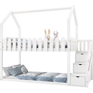 Merax Stapelbed 90x200 cm - Kinderbed met Trap en Opbergruimte - Eenpersoonsbed met Uitvalbeveiliging - Wit