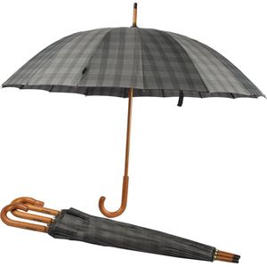 Set Van 4 Grijze Geruite Premie Paraplu's Met 16 Banen| Perfect Voor Volwassenen | Diameter 102 Cm & Lengte 89 Cm | Windproof Paraplu met Houten Handvat