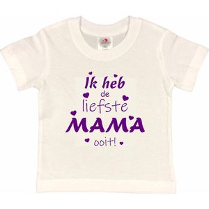 T-shirt Kinderen ""Ik heb de liefste mama ooit!"" Moederdag | korte mouw | Wit/paars | maat 86/92