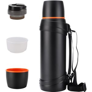 Thermosfles, thermoskan 2,5 l, thermoskan, roestvrijstalen drinkfles, isolatiefles met 2 drinkbekers, dubbelwandige isolatie campingwaterflessen, 24 uur warm en koud (donker)