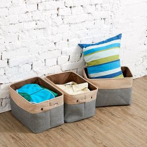 Set van 3 inklapbare opbergmanden, canvas stof tweed opbergorganizer, kubusbak met handgrepen voor kwekerij, planken, kleding, kinderen, speelgoed