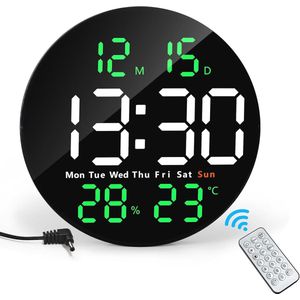 Grote Digitale Wandklok met Afstandsbediening - 25 cm, LED, Helder Display, Temperatuur en Kalenderfunctie