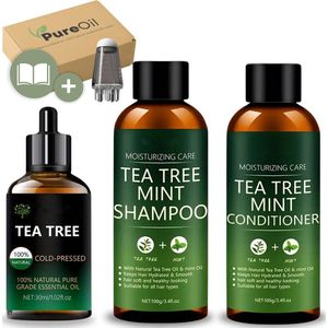 PureOil® - Tea Tree Olie - 6-delig - 100% puur - Shampoo. + Conditioner + Serum - Geschikt voor Huid, Haar en Nagels en Kalknagels - Anti Acne en Roos - Incl Applicator, Kammen + Ebook - Etherische Olie