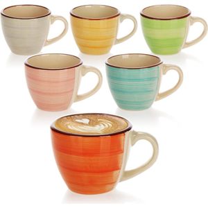 6x espressokopjes - kleurrijke keramische mokkakopjes - handgemaakte kleine koffiekopjes voor espresso, cappuccino, mokka en ristretto (06 stuks - groen/oranje/roze/blauw/geel/grijs)