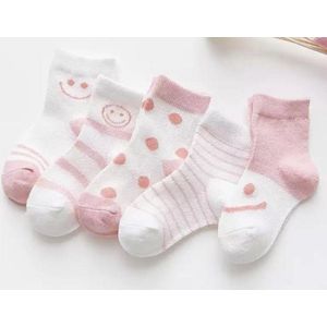 5 paar vrolijke New born Baby sokken - set babysokjes - 0-6 maanden - Smiley - Roze - babysokken