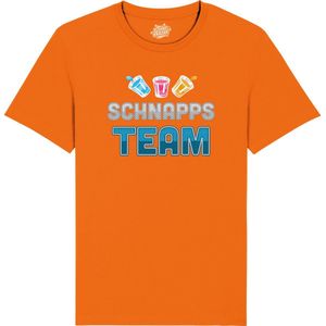 Schnapps Team - Grappige Apres Ski Wintersport Kleding - Mannen / Vrouwen / Unisex - Foute Ski en Snowboard Vakantie Outfit Cadeau - Unisex T-Shirt - Oranje - Maat 3XL